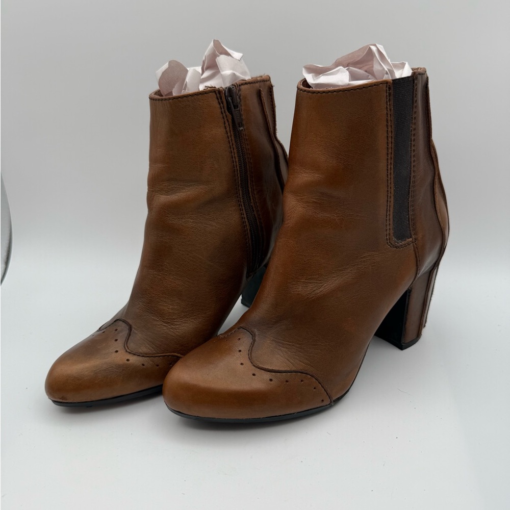 Fly London Cognac Brown Leather Ankle Booties with Block Heel